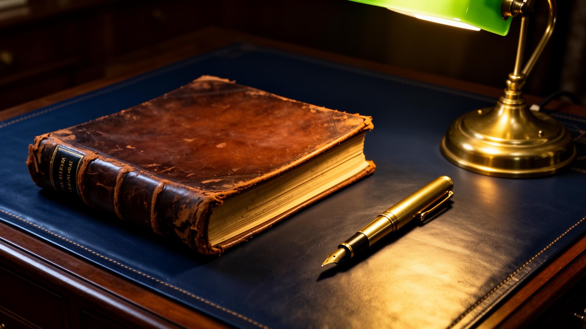 Antique leather ledger and brass fountain pen on a navy desk