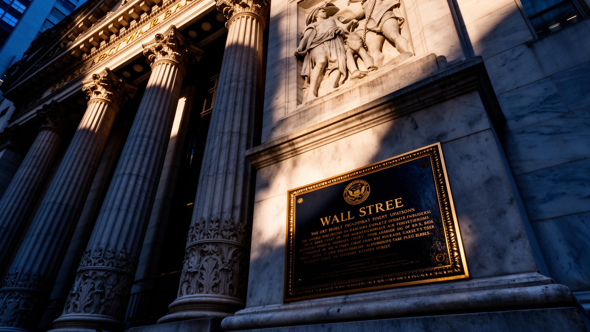 Wall Street stone bank facade with brass plaque